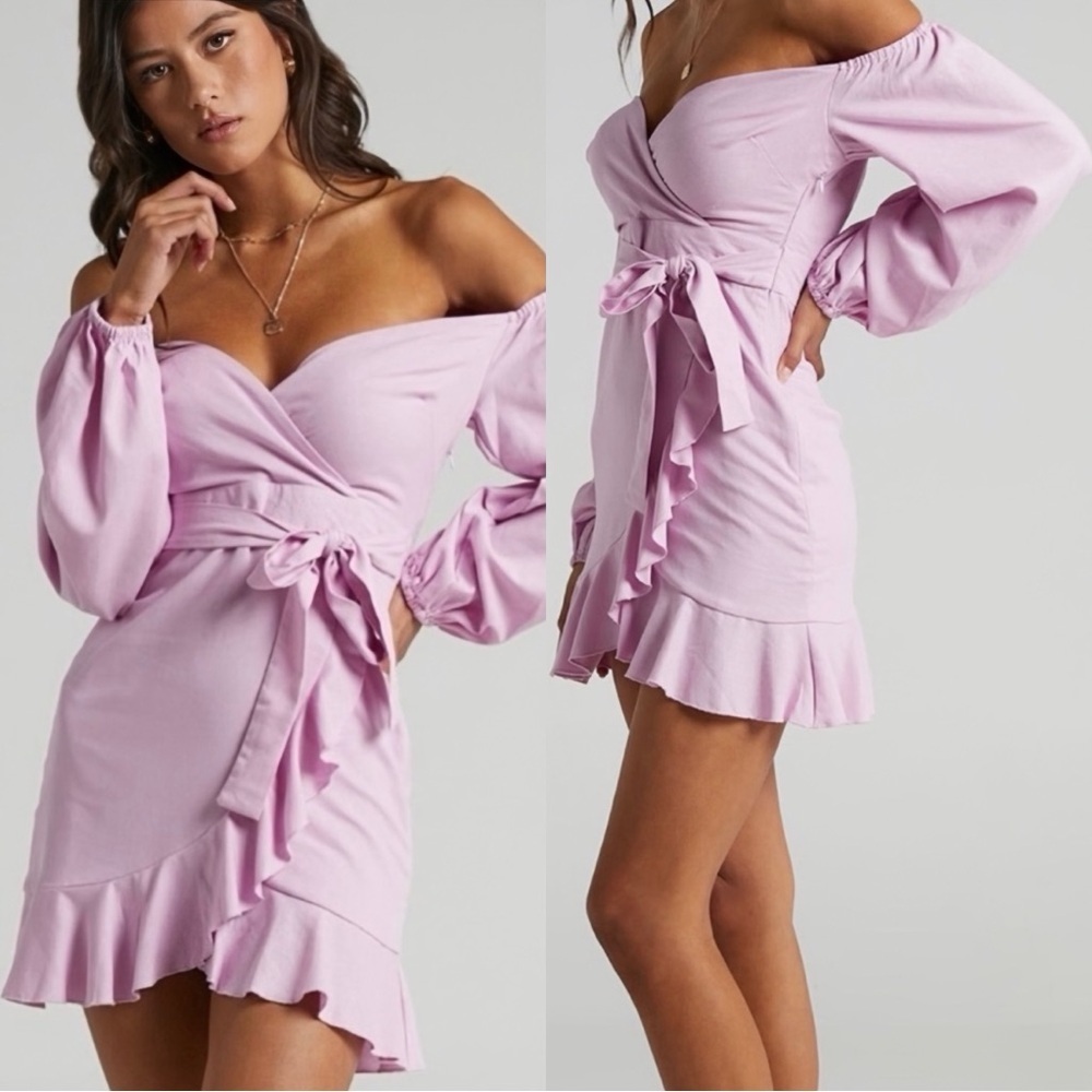 NWT Showpo. ‘Can’t Move On Off-The-Shoulder Linen-Blend Mini Dress’ in “Lilac” 6